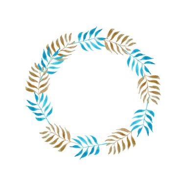 Altın ve mavi dallı suluboya çelenk.