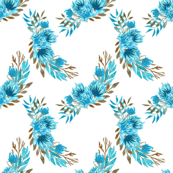 Płynny wzór z akwarelą ręcznie rysowane niebieskie kwiaty z go — Zdjęcie stockowe