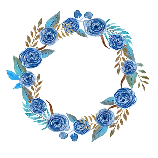 Okrągła rama z ręcznie rysowane róże akwarela i niebieski i złoty l — Zdjęcie stockowe