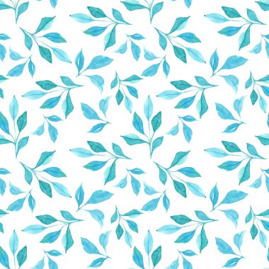 Elle çizilmiş suluboya mavi yapraklı kusursuz bir desen. Çiçek. 