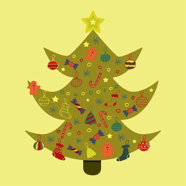 Farklı oyuncaklar ve şekerlemelerle süslenmiş Noel ağacı Telifsiz Stok Vektörler