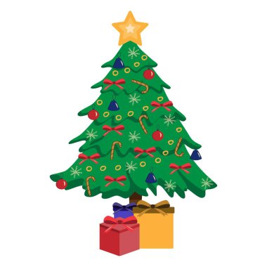 Beyaz arka planda oyuncakları ve yayları olan Noel ağacı