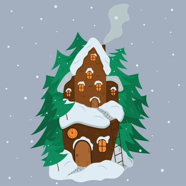 Casa de cuento de hadas en invierno entre árboles de Navidad y nieve — Archivo Imágenes Vectoriales