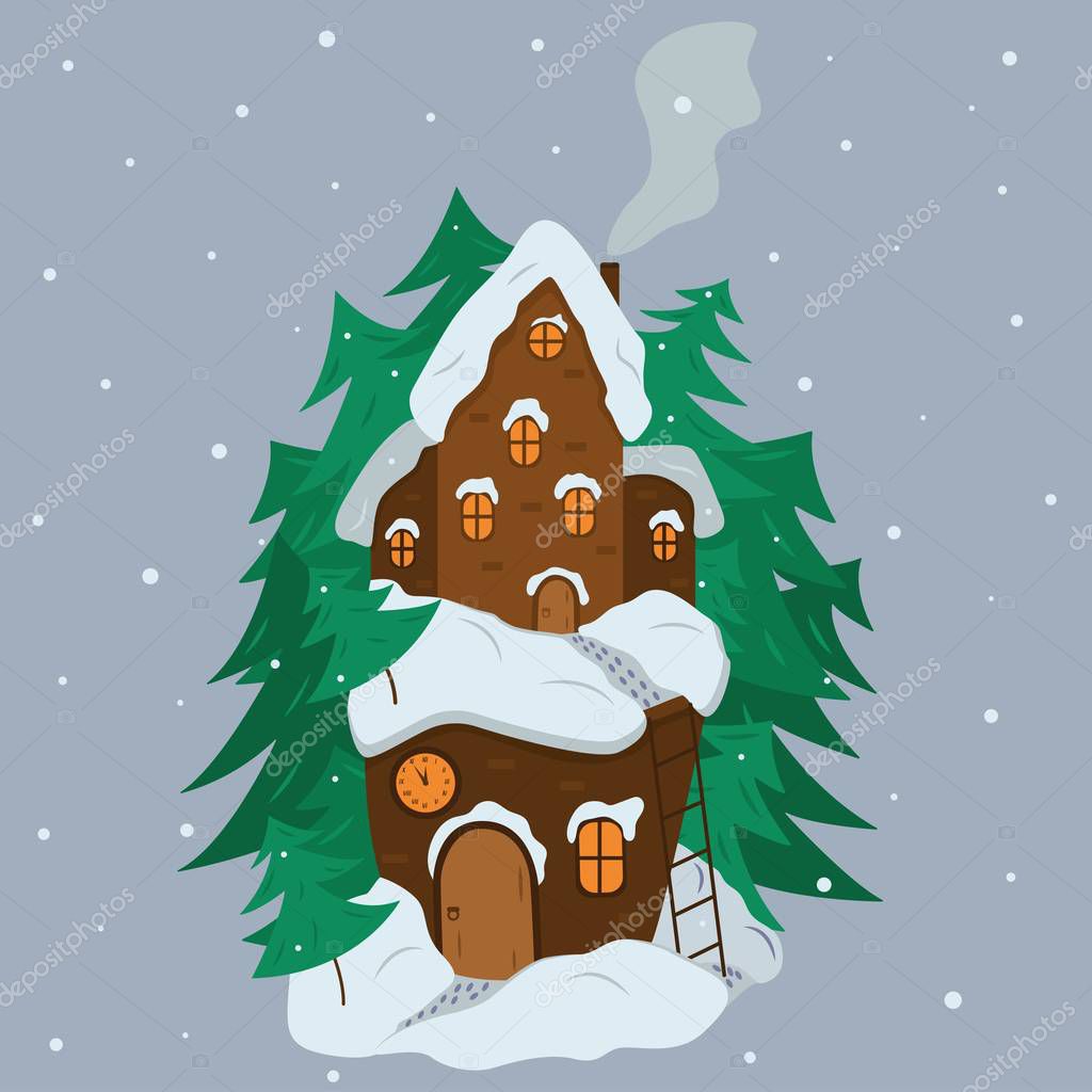 Fairytale House In Winter Among Christmas Trees And Snow Cartoon Illustration Two Storey Snow Covered House With A Chimney And Smoke Stair And Footprints At The Doors Clock Shows Five Minutes To Midnight