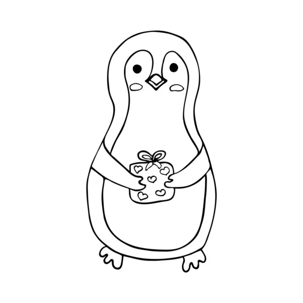 Cute Penguin Holds A Gift. Happy Valentines Day — 스톡 벡터