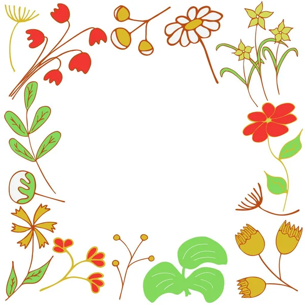 Rahmen aus Frühlings- und Sommerblumen und Zweigen — Stockvektor