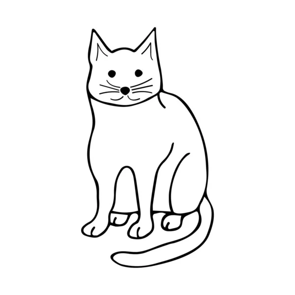 Doodle Gato Sienta Mira Fijamente Ilustración Blanco Negro Sobre Fondo — Vector de stock