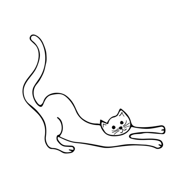 Doodle Kucing Membentang Belakang Mengasah Cakar Ilustrasi Hitam Dan Putih - Stok Vektor