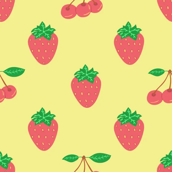 Seamless Pattern Ripe Berries Cherry Strawberry Light Yellow Background Colorful — Stock Vector