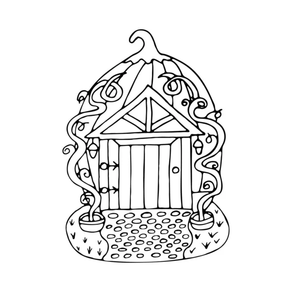 Fairytale house made of pumpkins on a white background in doodle style. Masonry in front of doors, climbing plant on the sides of the house. Interesting illustration with a magical plot vector — Stock Illustration Fairytale House Made Pumpkins White Background Doodle Style Masonry Front Vector Graphics