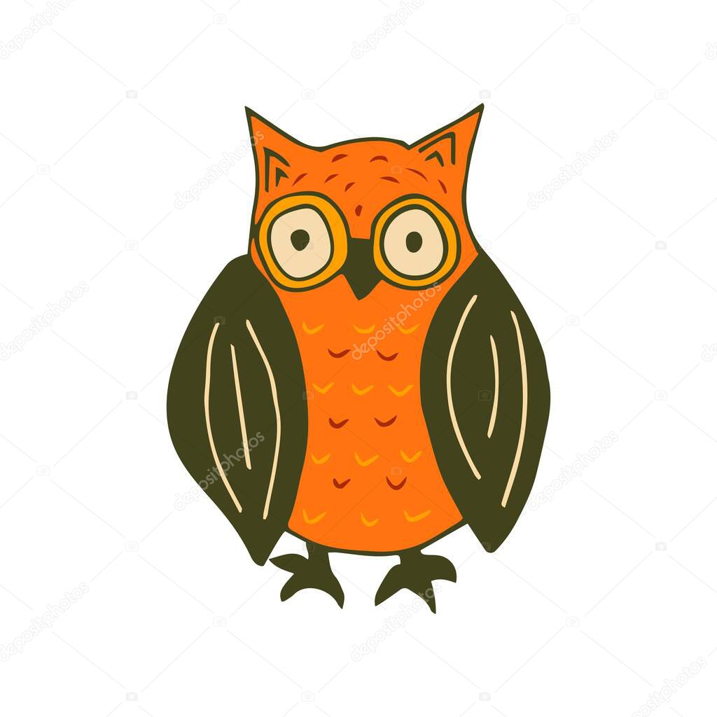 Cute owl colorful doodle illustration on white background. Forest bird of prey vector