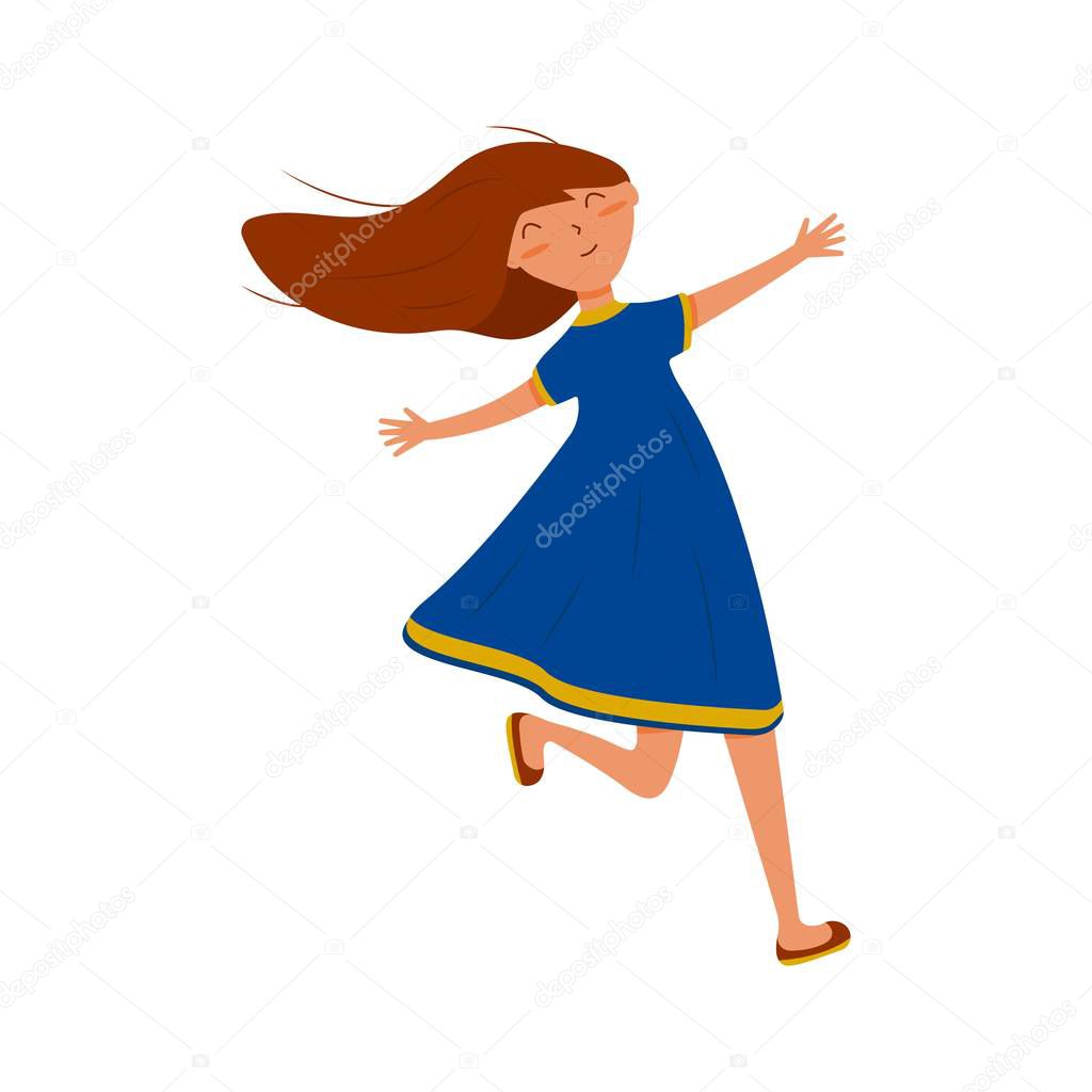 Joyful girl in a blue dress runs with outstretched arms, with long flowing hair, with freckles. Colorful illustration in a flat style. Cartoon vector