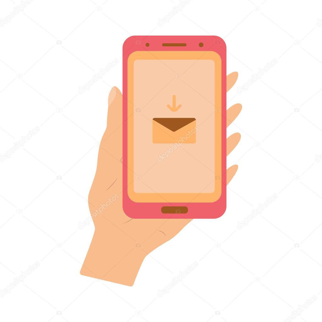 A smartphone with a new incoming message on the screen. Hand holds the phone. Flat style illustration. Receive mail on your mobile. Business and face-to-face communication vector
