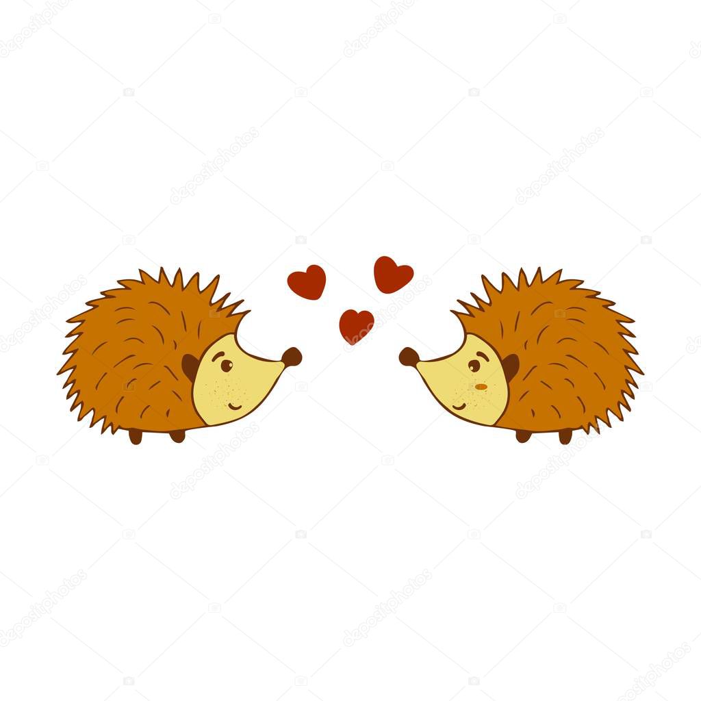 Two cute hedgehogs in love colorful illustration on a white background. Forest animal with prickly needles vector