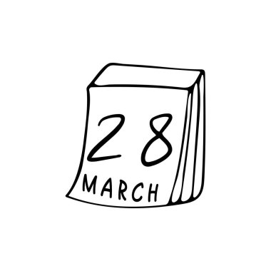 Tear-off calendar with a date of March 28. Earth Hour. Save planet concept. Black and white doodle style illustration vector clipart