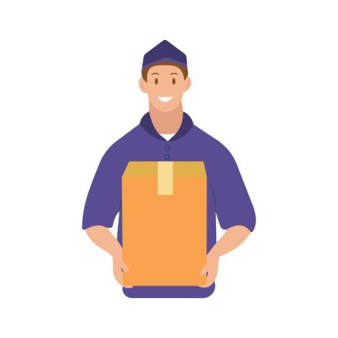 Bir erkek kurye bir kutu içinde bir paket teslim eder. Mavi üniformalı bir teslimatçı elinde bir kutu tutarken gülümsüyor. Beyaz arkaplanda renkli resimleme, vektörü izole et, 