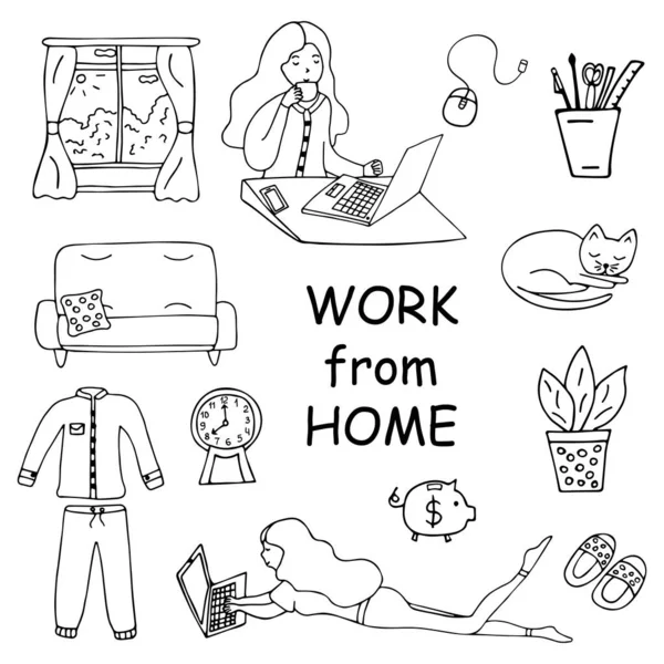 Work Home Set Icons Girl Sitting Laptop Drinking Coffee Sofa — Stock Vector