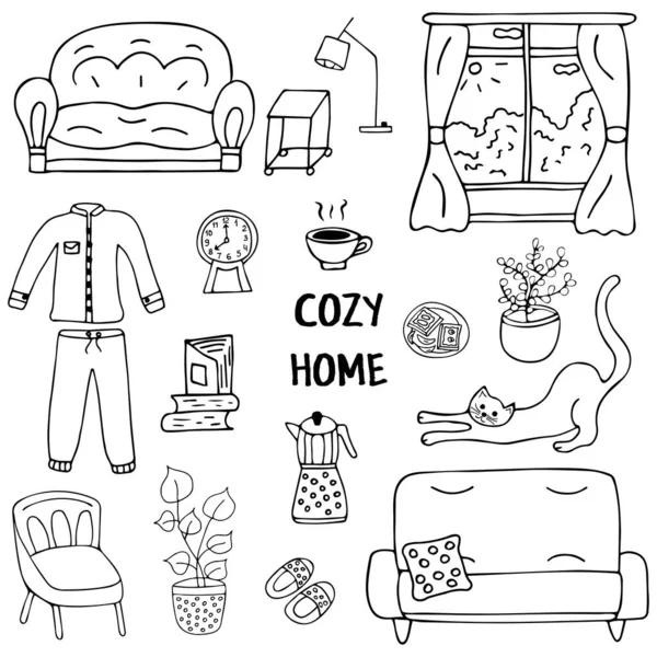 Cozy Home Stay Home Set Doodles Armchair Cup Coffee Flower — Stock Vector