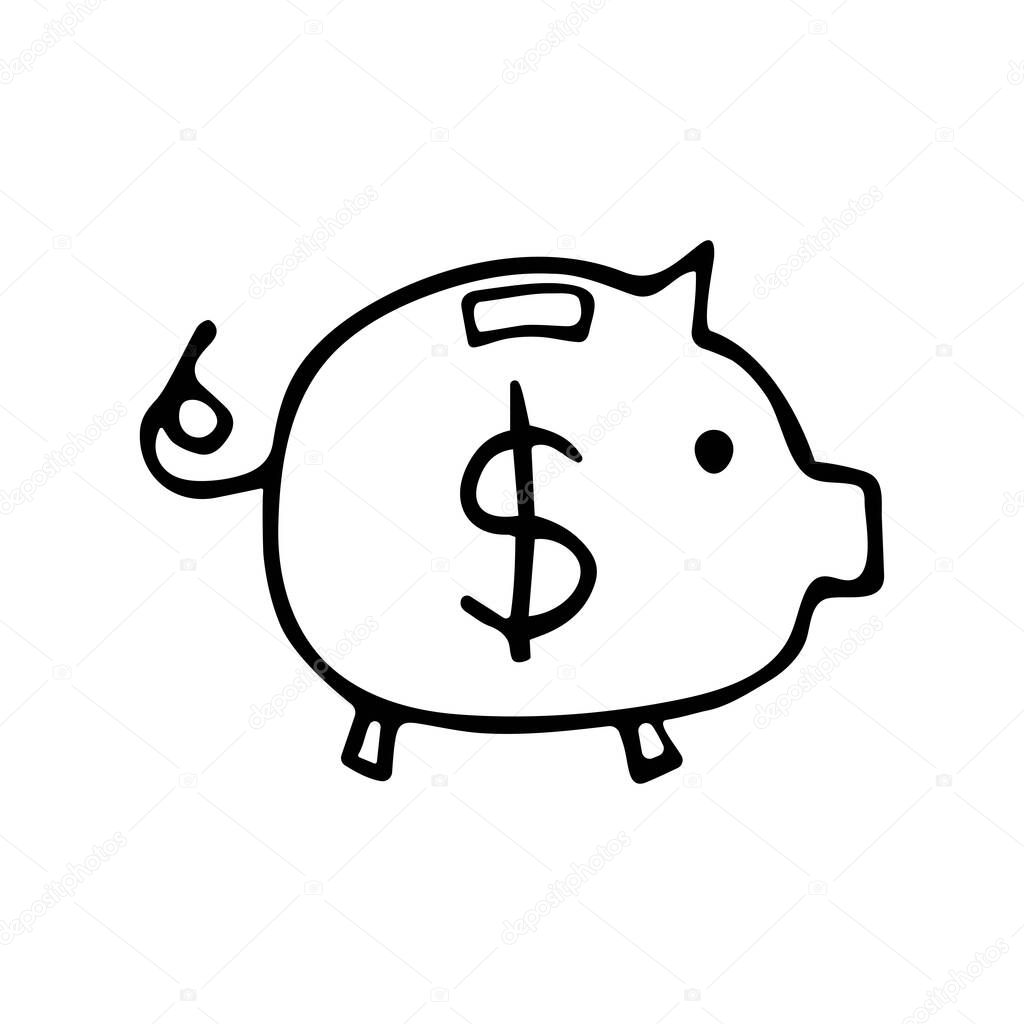 Piggy bank in the shape of a pig with a dollar. Black and white illustration in doodle style vector. Business and finance concept. Accumulation of money
