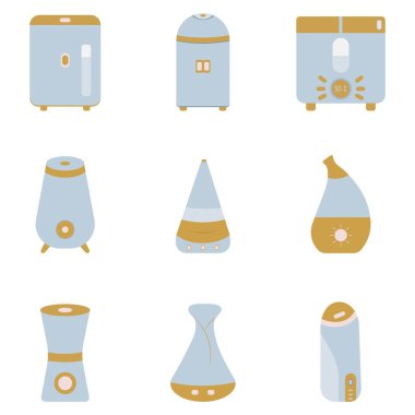 Nemlendirici ayarlandı. Ev için Aromaterapi ve modern, kullanışlı bir hava temizleyici. Çizgi film tarzında vektör renkli illüstrasyon