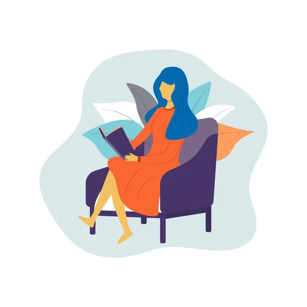 Uzun Mavi Saçlı Bir Kız Sandalyede Oturup Kitap Okuyor Arka Telifsiz Stok Illüstrasyonlar