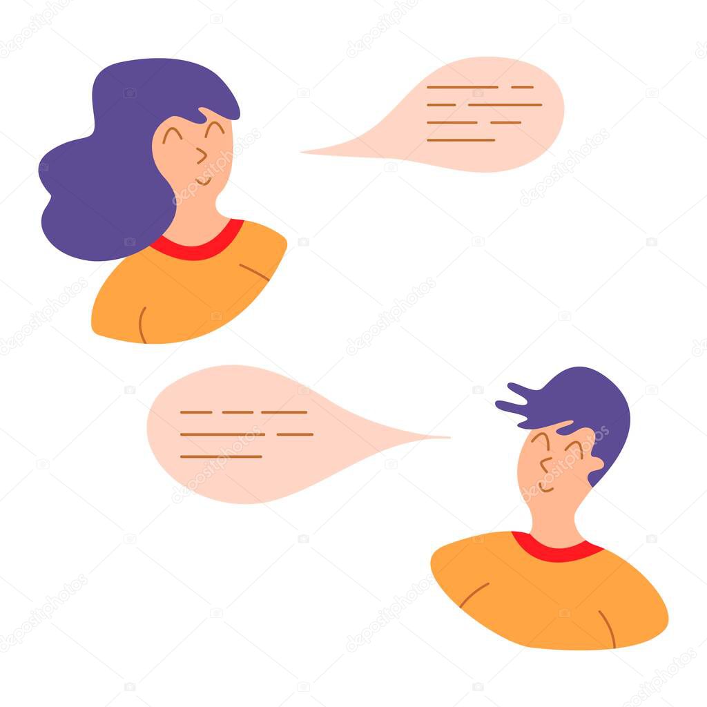 Girl and Guy with Speech Bubble. Thoughts in a head, chatting. Speech cloud. People speaks. Flat vector illustration