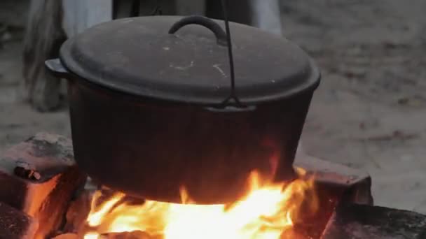 Schwarzer Metallkochtopf Über Dem Feuer — Stockvideo