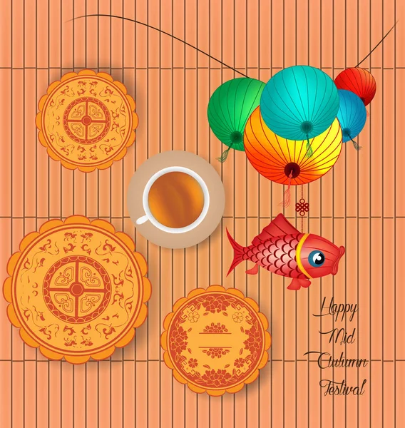 Fondo del Festival de Linterna de Medio Otoño con pastel de luna y té chino — Vector de stock