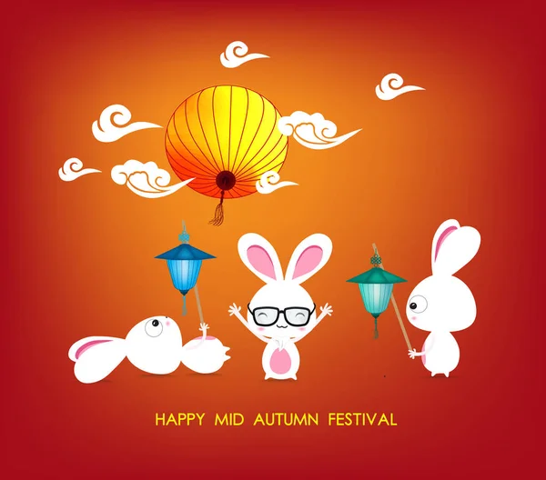 Conejo del festival de mediados de otoño jugando con linternas con chinos — Archivo Imágenes Vectoriales