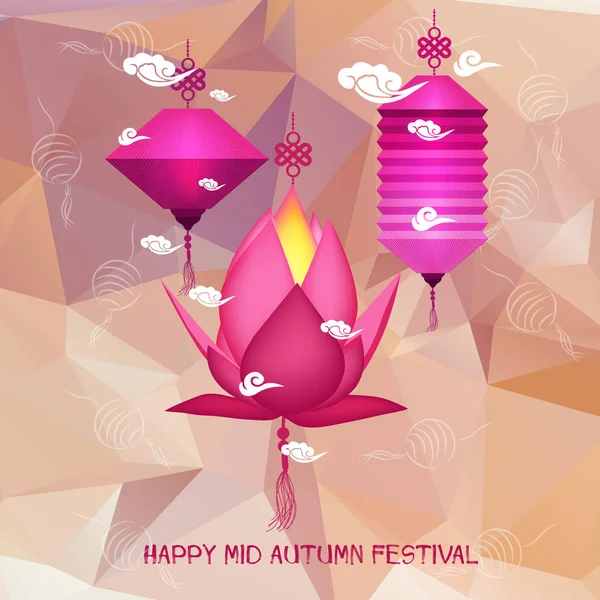 Mid Autumn Festival fundo poligonal com lanternas —  Vetores de Stock