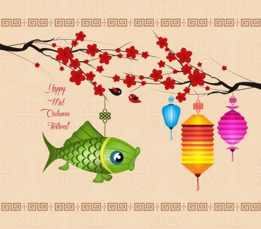 Mutlu orta Sonbahar Festivali. Çiçeği arka plan ile sazan fener