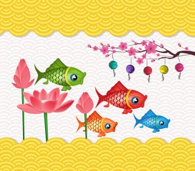 Orta Sonbahar Festivali lotus çiçek ve sazan fener tasarım mutlu