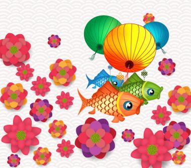 Orta Sonbahar Festivali çiçek açan çiçek ve sazan fener tasarım mutlu