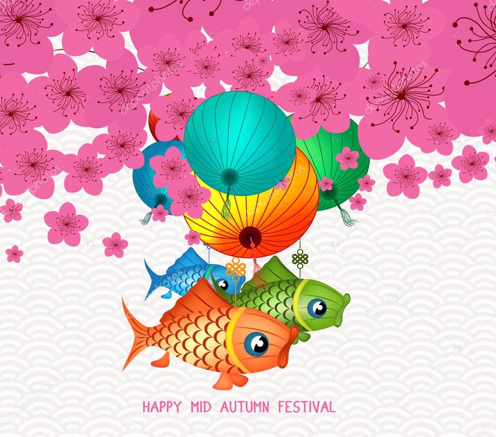 Happy mid autumn festival. Blossom background with carp lantern