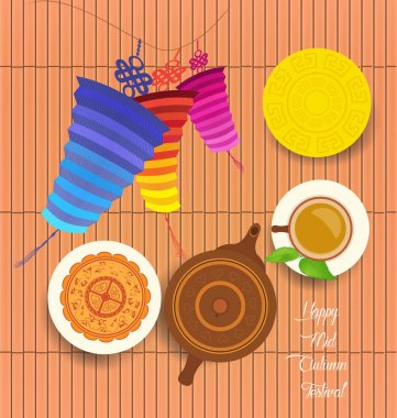Çince pasta ve yeşil çay Mid Sonbahar Festivali için ay. Çay potu, çay bardağı