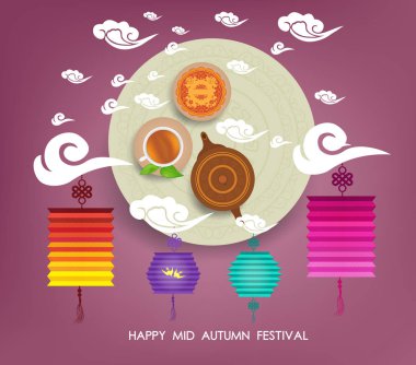 Çince pasta ve yeşil çay Mid Sonbahar Festivali için ay. Çay potu, çay bardağı