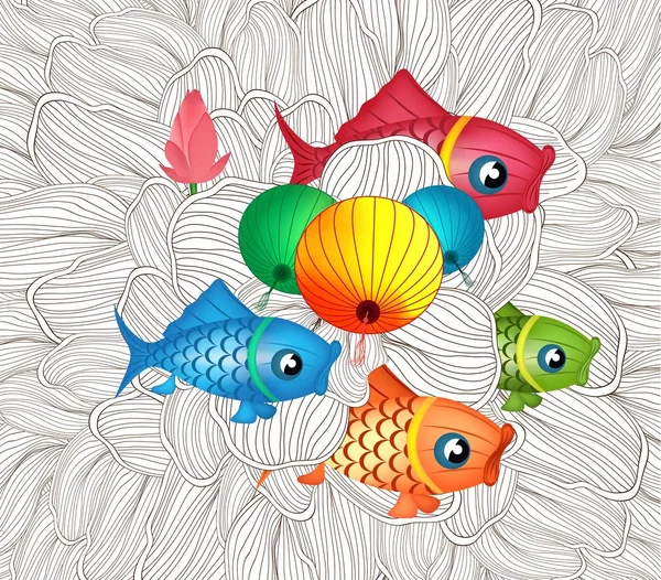 Kinesiska karp lantern festival doodle grafisk design — Stock vektor