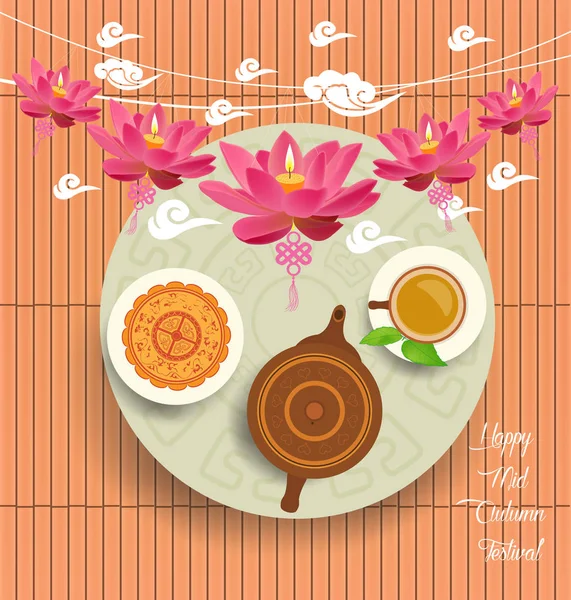Китайський місячний пиріг і зелений чай для середини осені фестиваль. Чайник чашка чаю — стоковий вектор