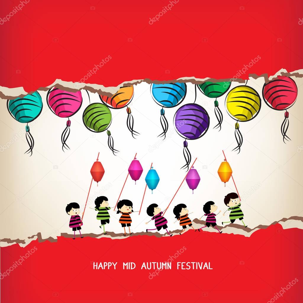 Mid Autumn Festival background with kids playing lanterns