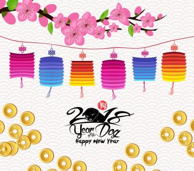 Mutlu yeni yıl 2018 çiçeği tebrik kartı. Köpek Çin yeni yılı (hiyeroglif: köpek)