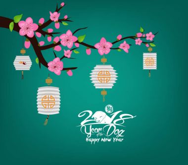 Mutlu yeni yıl 2018 çiçeği tebrik kartı. Köpek Çin yeni yılı (hiyeroglif: köpek)