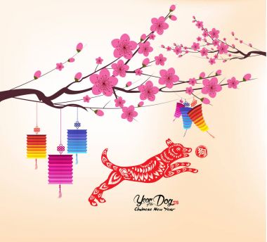 Çin yeni yılı 2018, arka plan ile fener ve Erik çiçeği (hiyeroglif: köpek)