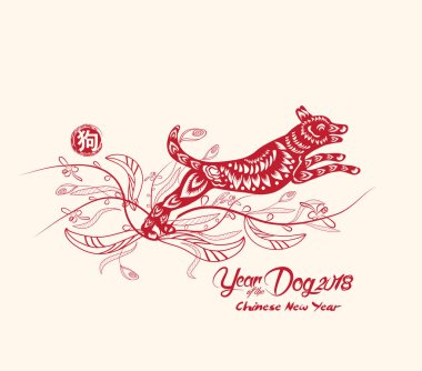 Mutlu çene yeni yıl ve yıl köpek kartı olduğunu fenerler ve çerçeve (hiyeroglif köpek köpek) 