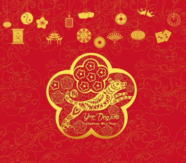 Mutlu çene yeni yıl ve yıl köpek kartı olduğunu fenerler ve çerçeve (hiyeroglif köpek köpek) 