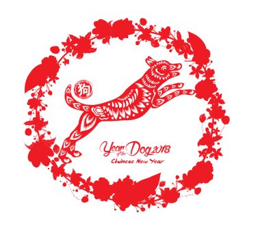 Mutlu çene yeni yıl ve yıl köpek kartı olduğunu fenerler ve çerçeve (hiyeroglif köpek köpek) 