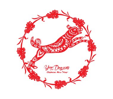 Mutlu çene yeni yıl ve yıl köpek kartı olduğunu fenerler ve çerçeve (hiyeroglif köpek köpek) 