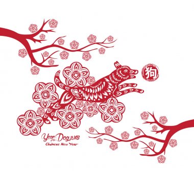 Mutlu çene yeni yıl ve yıl köpek kartı olduğunu fenerler ve çerçeve (hiyeroglif köpek köpek) 