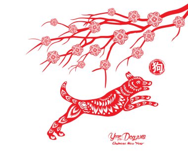 Mutlu çene yeni yıl ve yıl köpek kartı olduğunu fenerler ve çerçeve (hiyeroglif köpek köpek) 