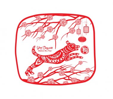 Mutlu çene yeni yıl ve yıl köpek kartı olduğunu fenerler ve çerçeve (hiyeroglif köpek köpek) 