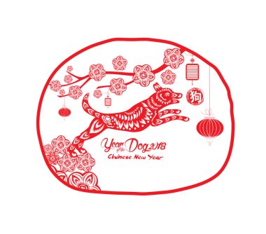 Mutlu çene yeni yıl ve yıl köpek kartı olduğunu fenerler ve çerçeve (hiyeroglif köpek köpek) 